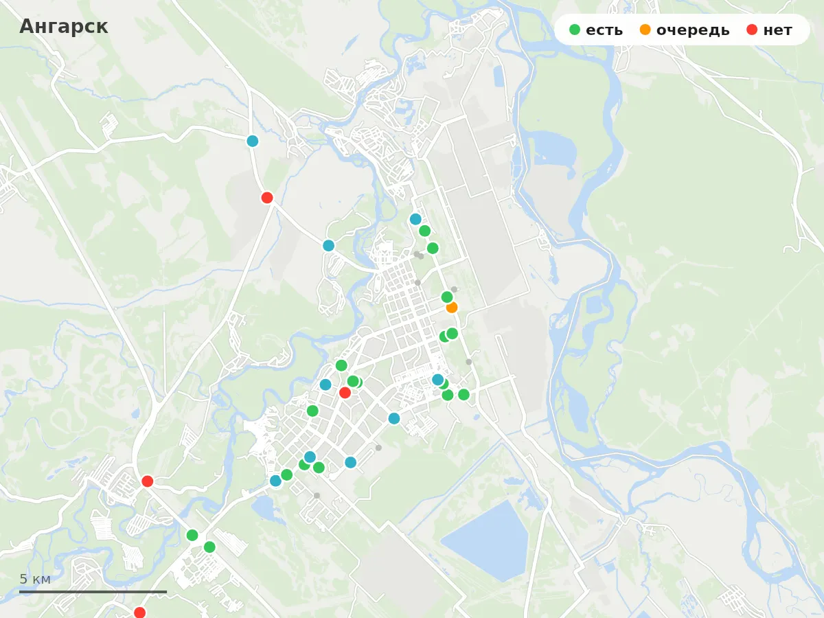 Карта заправок Ангарск: зелёные — есть топливо, оранжевые — очередь, красные — нет
