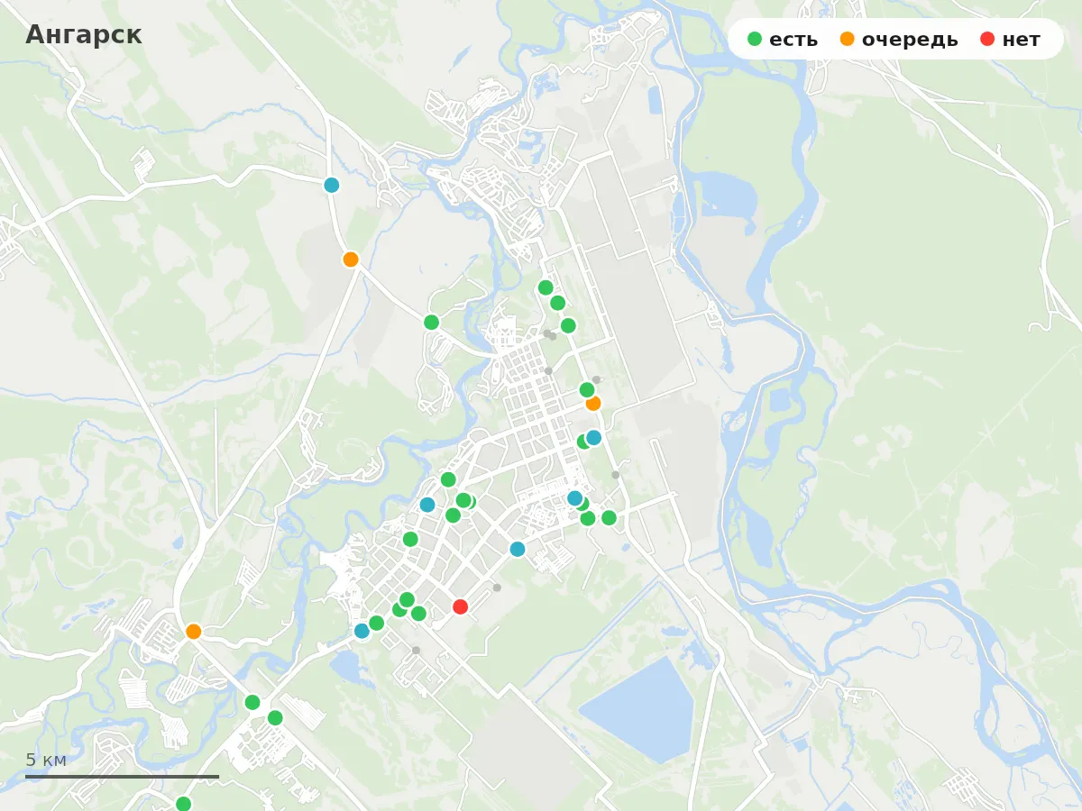 Карта заправок Ангарск: зелёные — есть топливо, оранжевые — очередь, красные — нет