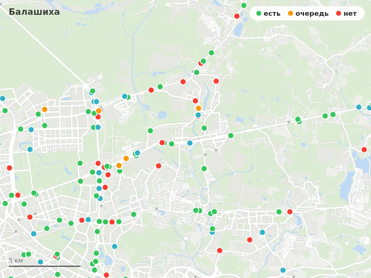 Карта заправок Балашиха: зелёные — есть топливо, оранжевые — очередь, красные — нет