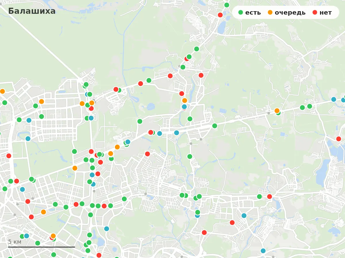 Карта заправок Балашиха: зелёные — есть топливо, оранжевые — очередь, красные — нет