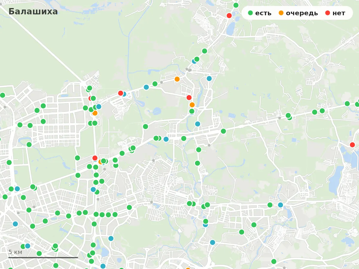 Карта заправок Балашиха: зелёные — есть топливо, оранжевые — очередь, красные — нет