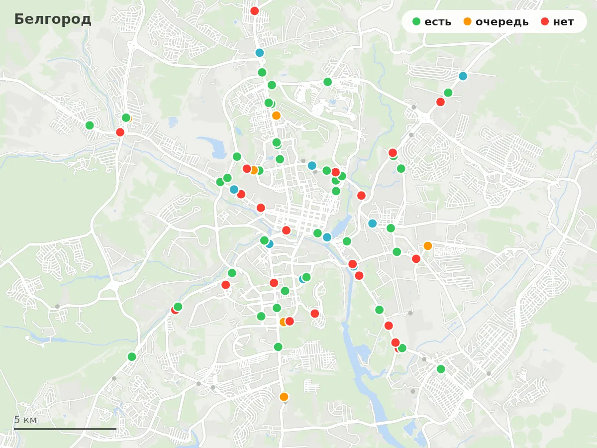 Карта заправок Белгород: зелёные — есть топливо, оранжевые — очередь, красные — нет