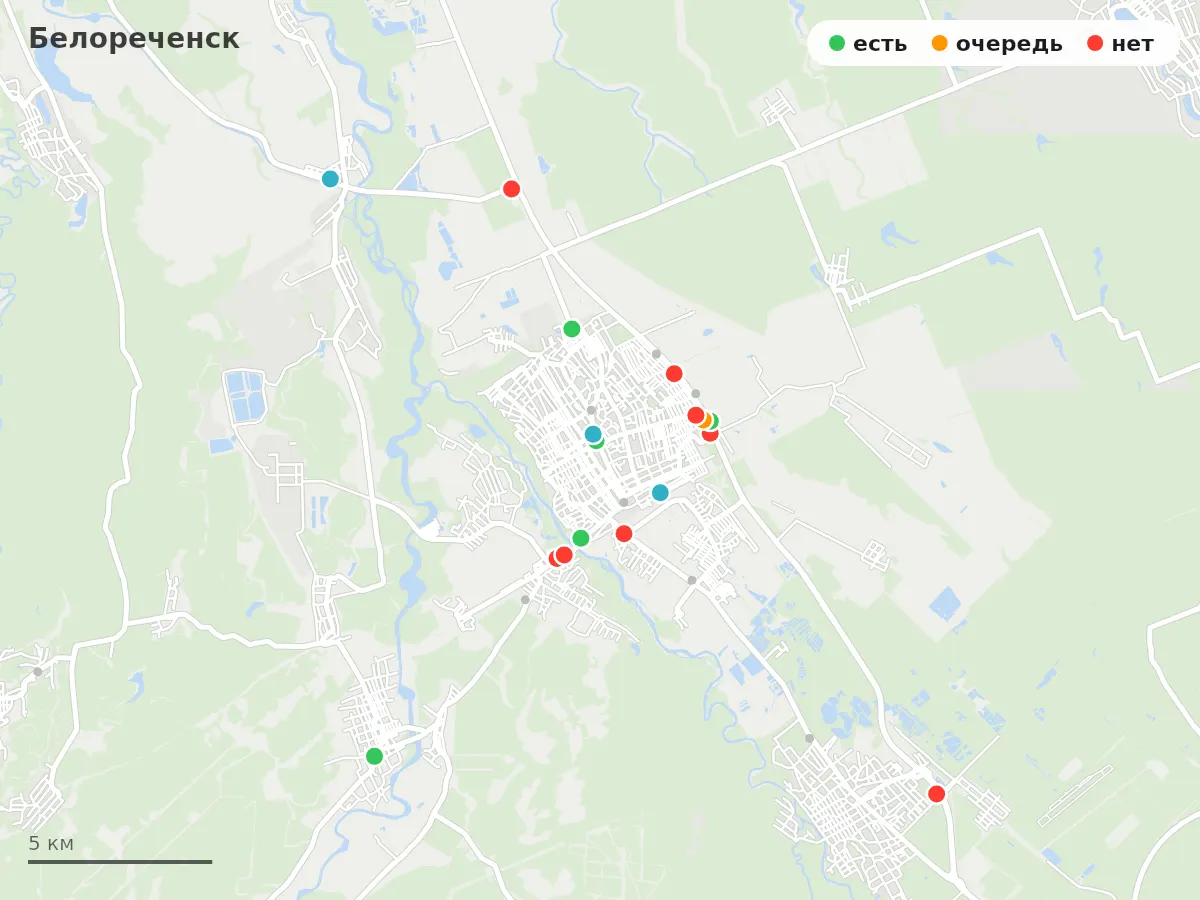 Карта заправок Белореченск: зелёные — есть топливо, оранжевые — очередь, красные — нет
