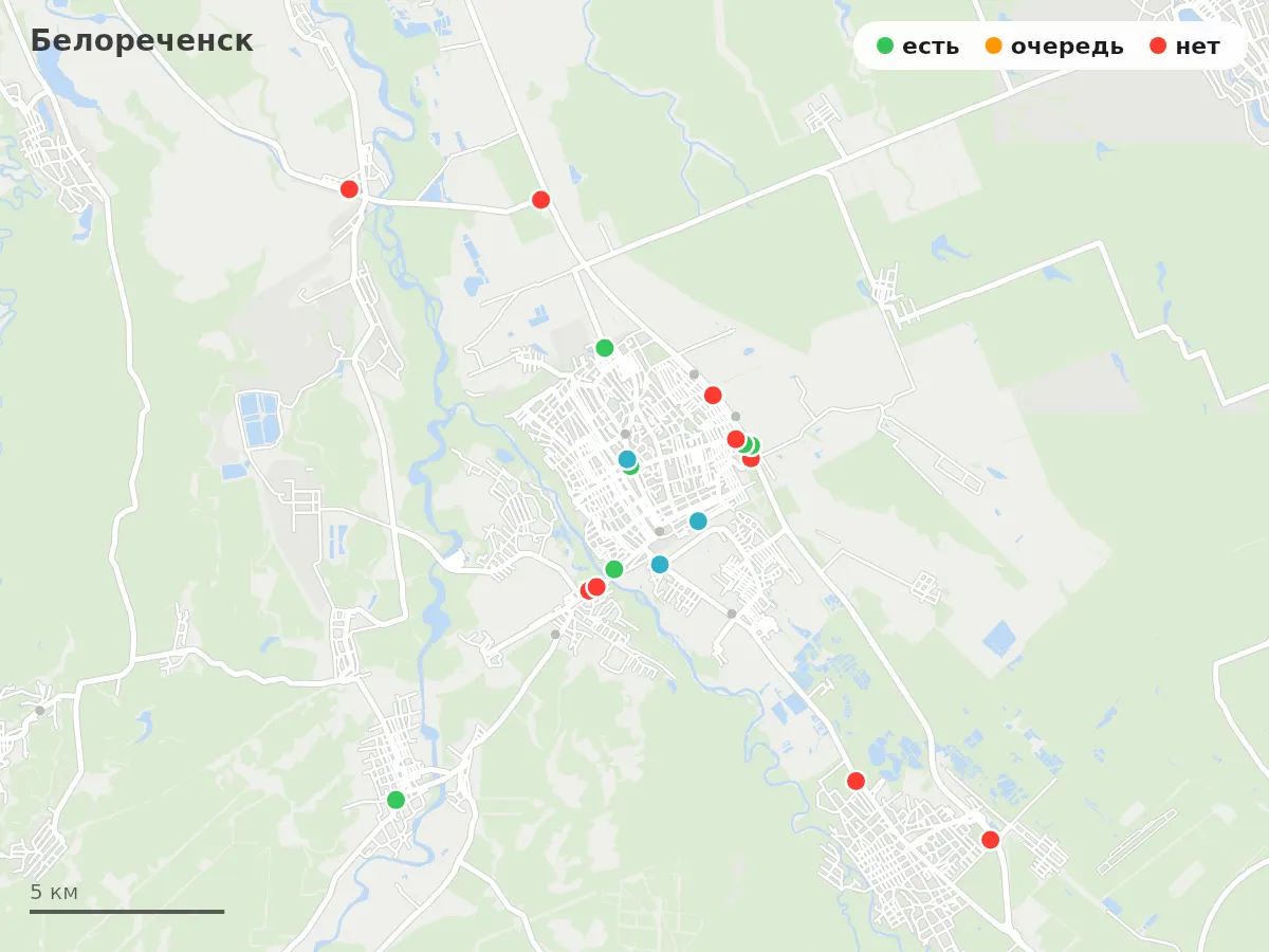 Карта заправок Белореченск: зелёные — есть топливо, оранжевые — очередь, красные — нет