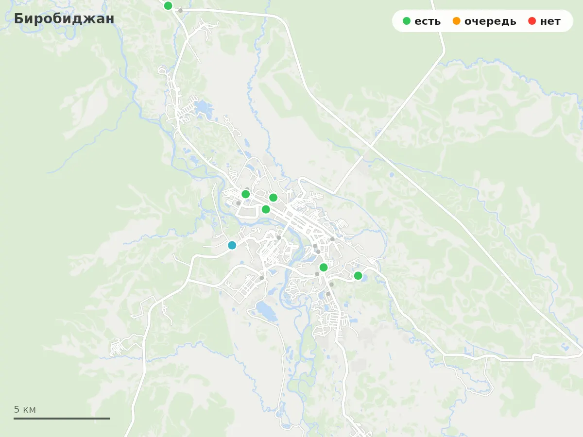 Карта заправок Биробиджан: зелёные — есть топливо, оранжевые — очередь, красные — нет