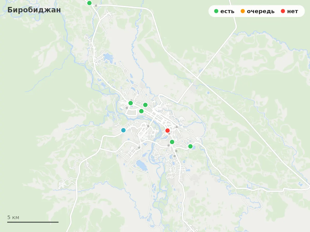 Карта заправок Биробиджан: зелёные — есть топливо, оранжевые — очередь, красные — нет