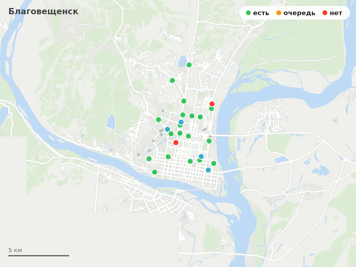 Карта заправок Благовещенск: зелёные — есть топливо, оранжевые — очередь, красные — нет