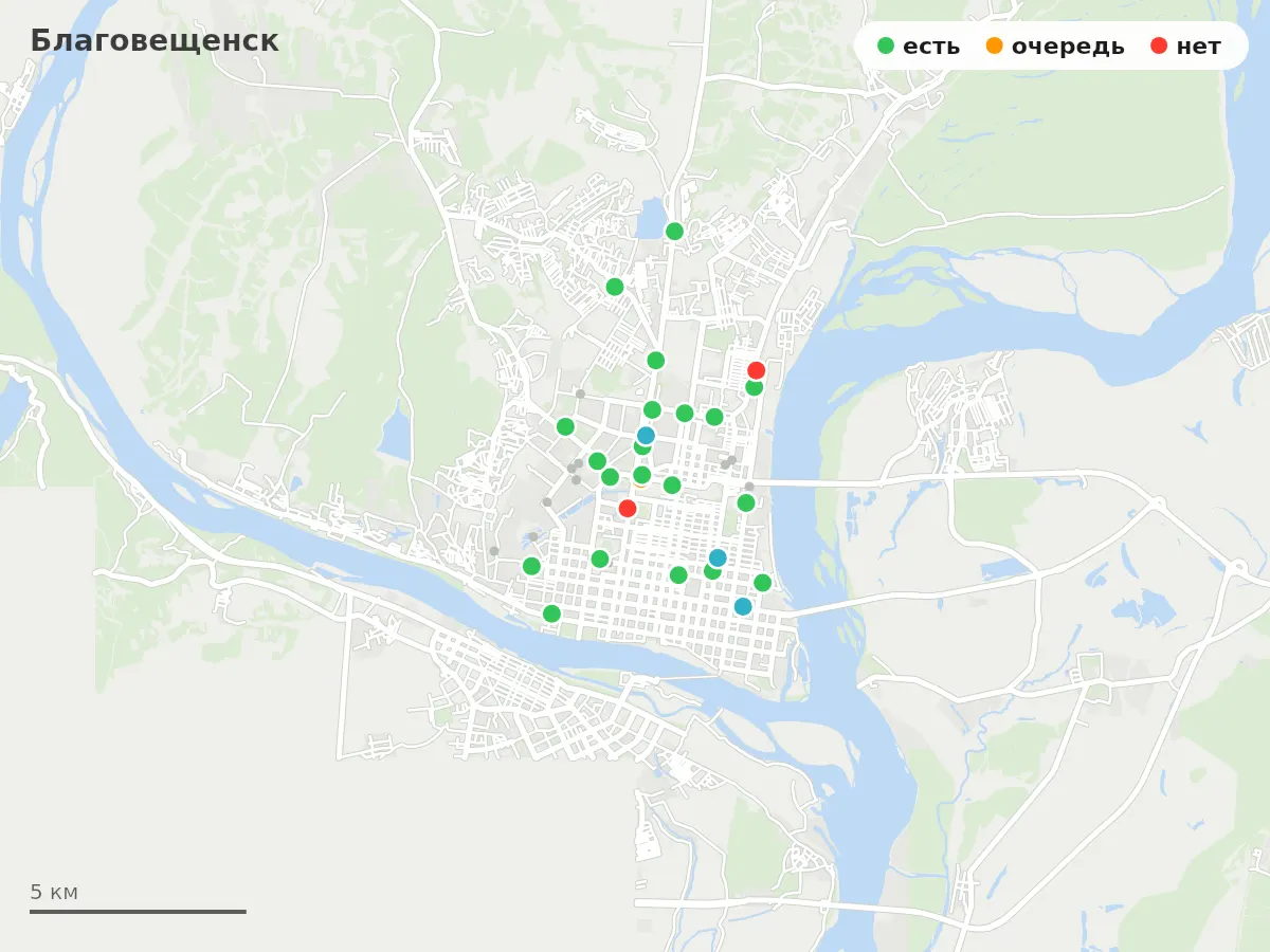 Карта заправок Благовещенск: зелёные — есть топливо, оранжевые — очередь, красные — нет