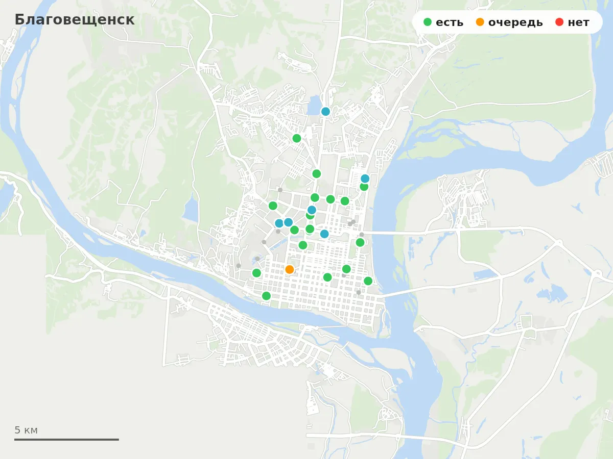 Карта заправок Благовещенск: зелёные — есть топливо, оранжевые — очередь, красные — нет