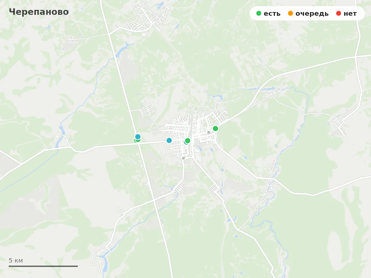 Карта заправок Черепаново: зелёные — есть топливо, оранжевые — очередь, красные — нет