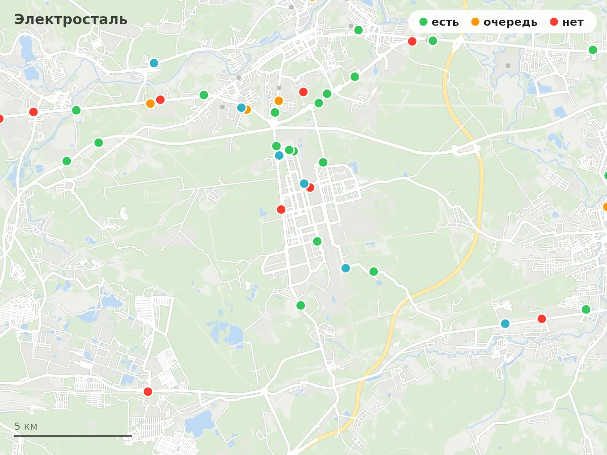 Карта заправок Электросталь: зелёные — есть топливо, оранжевые — очередь, красные — нет