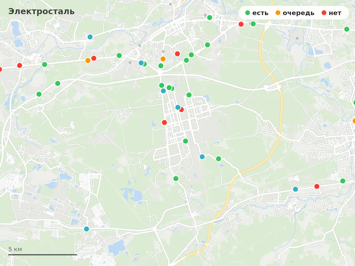 Карта заправок Электросталь: зелёные — есть топливо, оранжевые — очередь, красные — нет