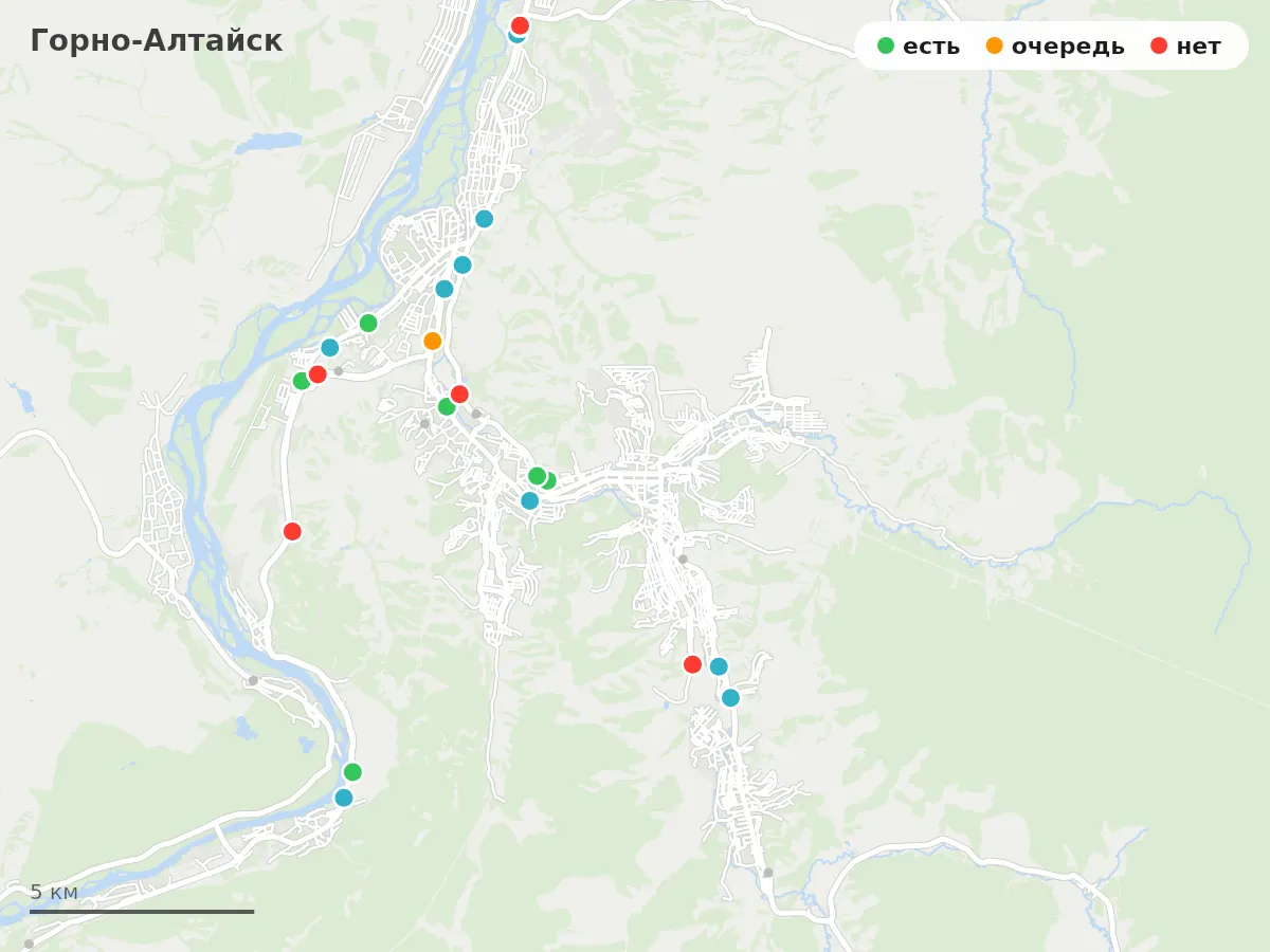 Карта заправок Горно-Алтайск: зелёные — есть топливо, оранжевые — очередь, красные — нет