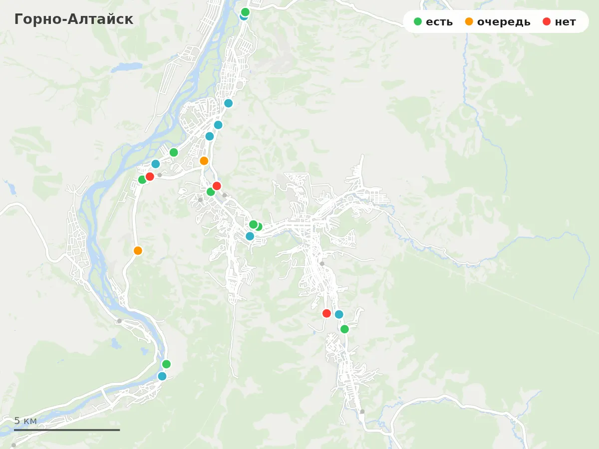 Карта заправок Горно-Алтайск: зелёные — есть топливо, оранжевые — очередь, красные — нет
