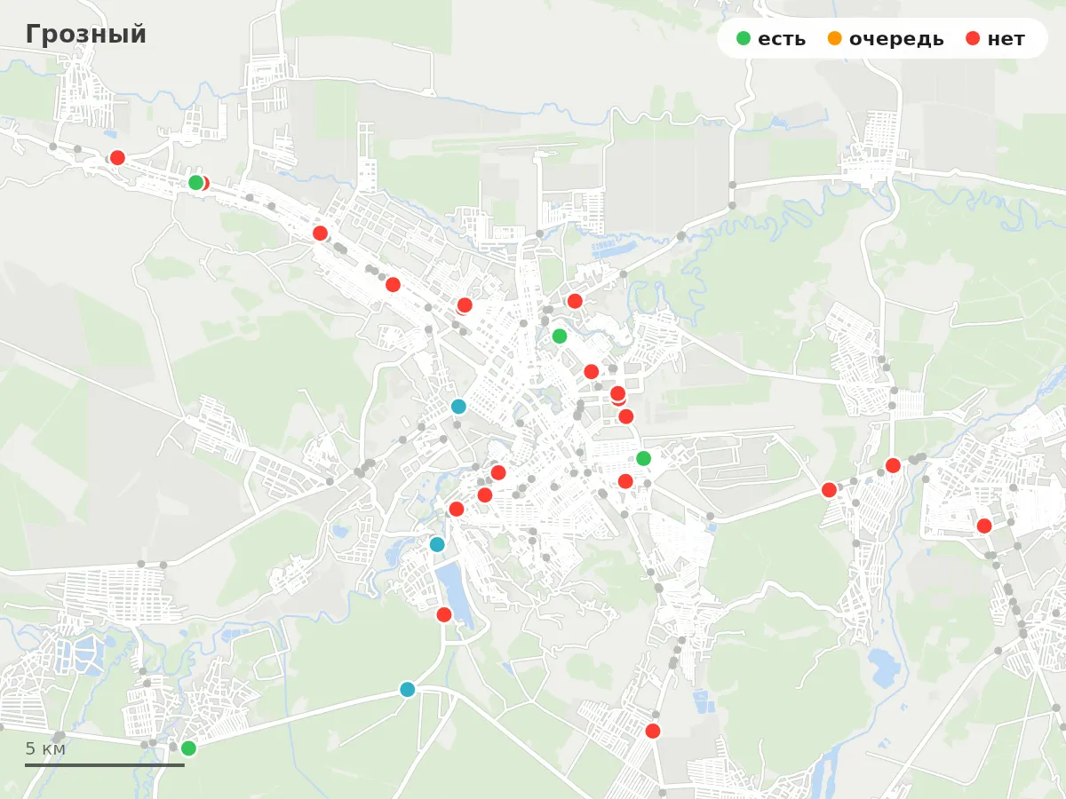 Карта заправок Грозный: зелёные — есть топливо, оранжевые — очередь, красные — нет