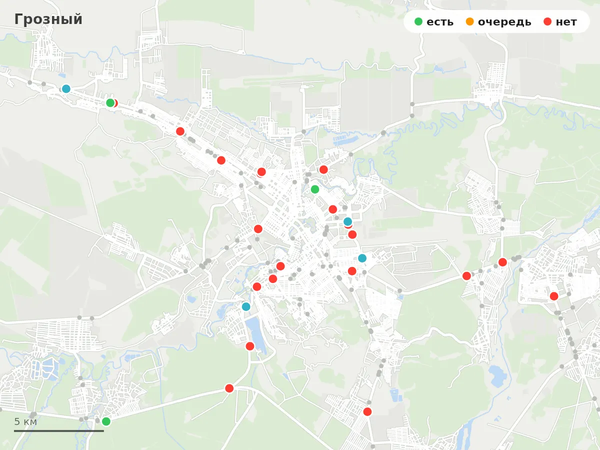 Карта заправок Грозный: зелёные — есть топливо, оранжевые — очередь, красные — нет