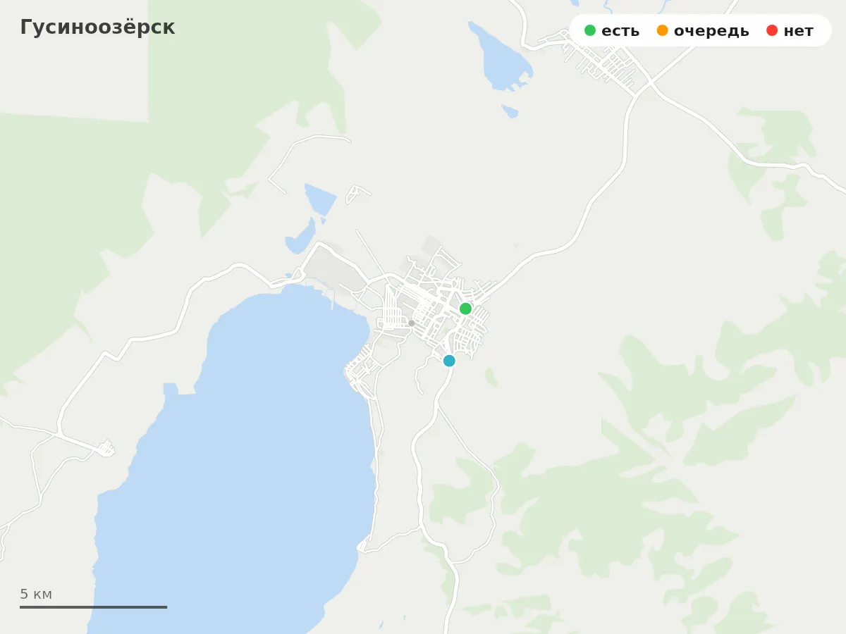 Карта заправок Гусиноозёрск: зелёные — есть топливо, оранжевые — очередь, красные — нет
