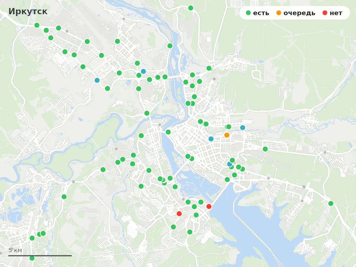 Карта заправок Иркутск: зелёные — есть топливо, оранжевые — очередь, красные — нет