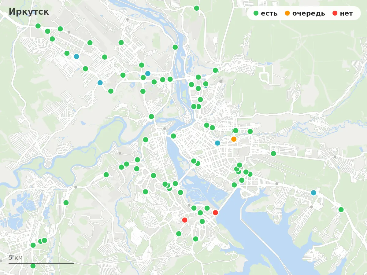 Карта заправок Иркутск: зелёные — есть топливо, оранжевые — очередь, красные — нет