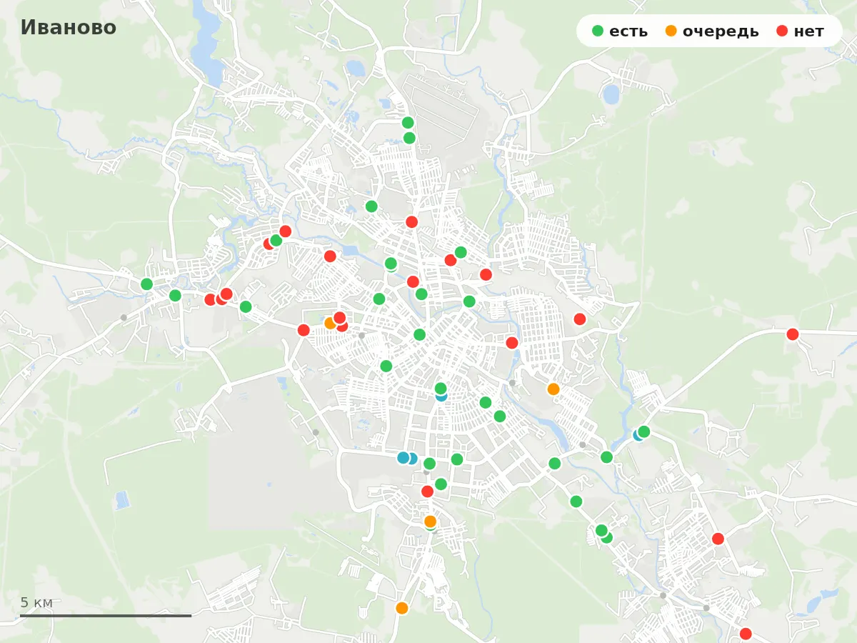 Карта заправок Иваново: зелёные — есть топливо, оранжевые — очередь, красные — нет
