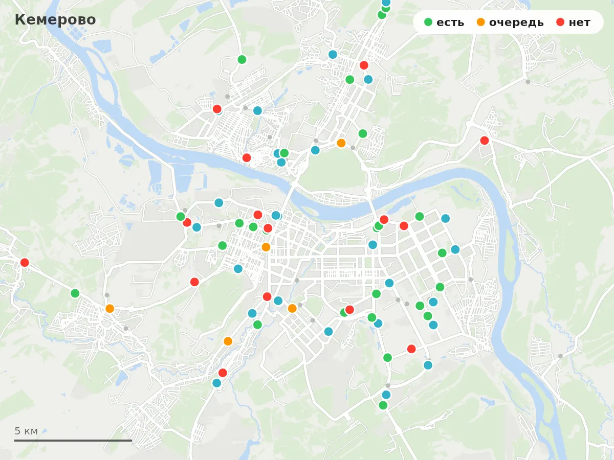 Карта заправок Кемерово: зелёные — есть топливо, оранжевые — очередь, красные — нет