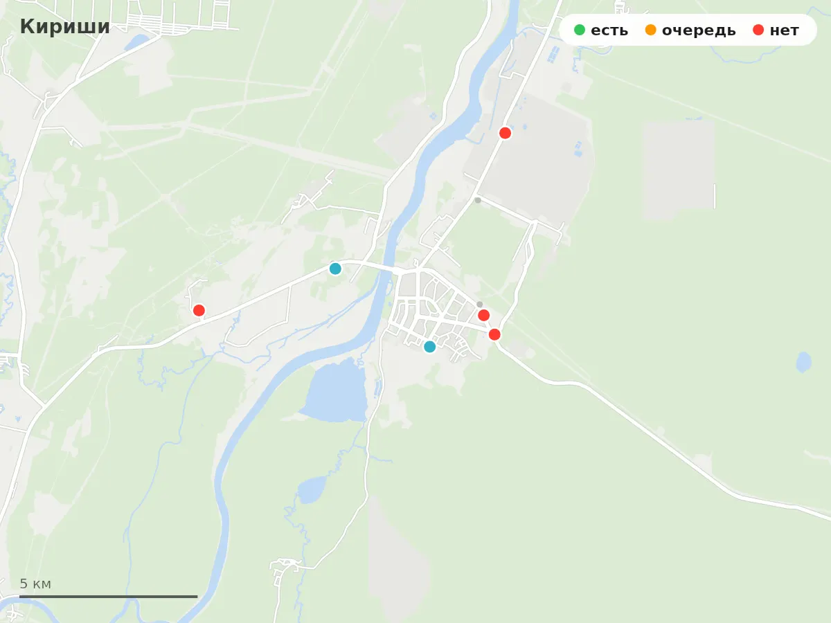 Карта заправок Кириши: зелёные — есть топливо, оранжевые — очередь, красные — нет