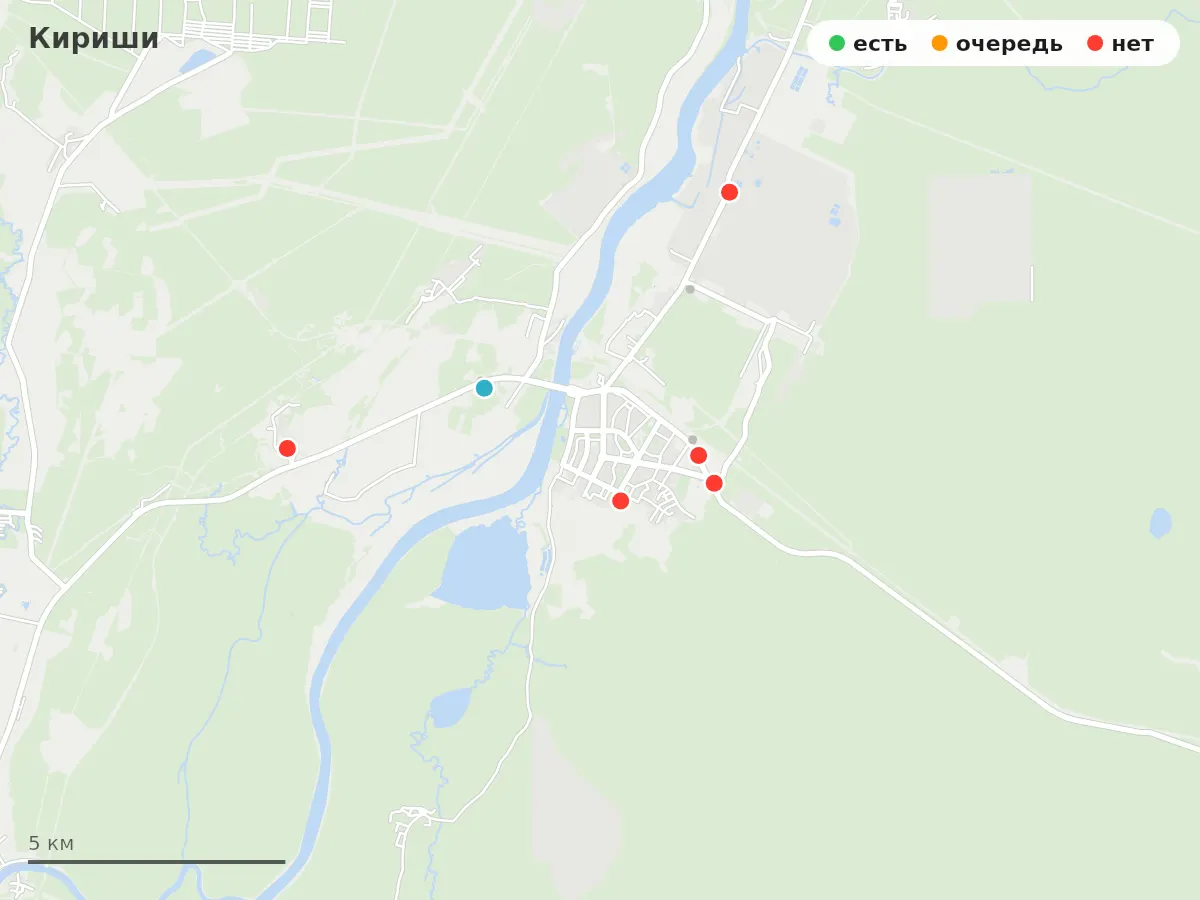 Карта заправок Кириши: зелёные — есть топливо, оранжевые — очередь, красные — нет