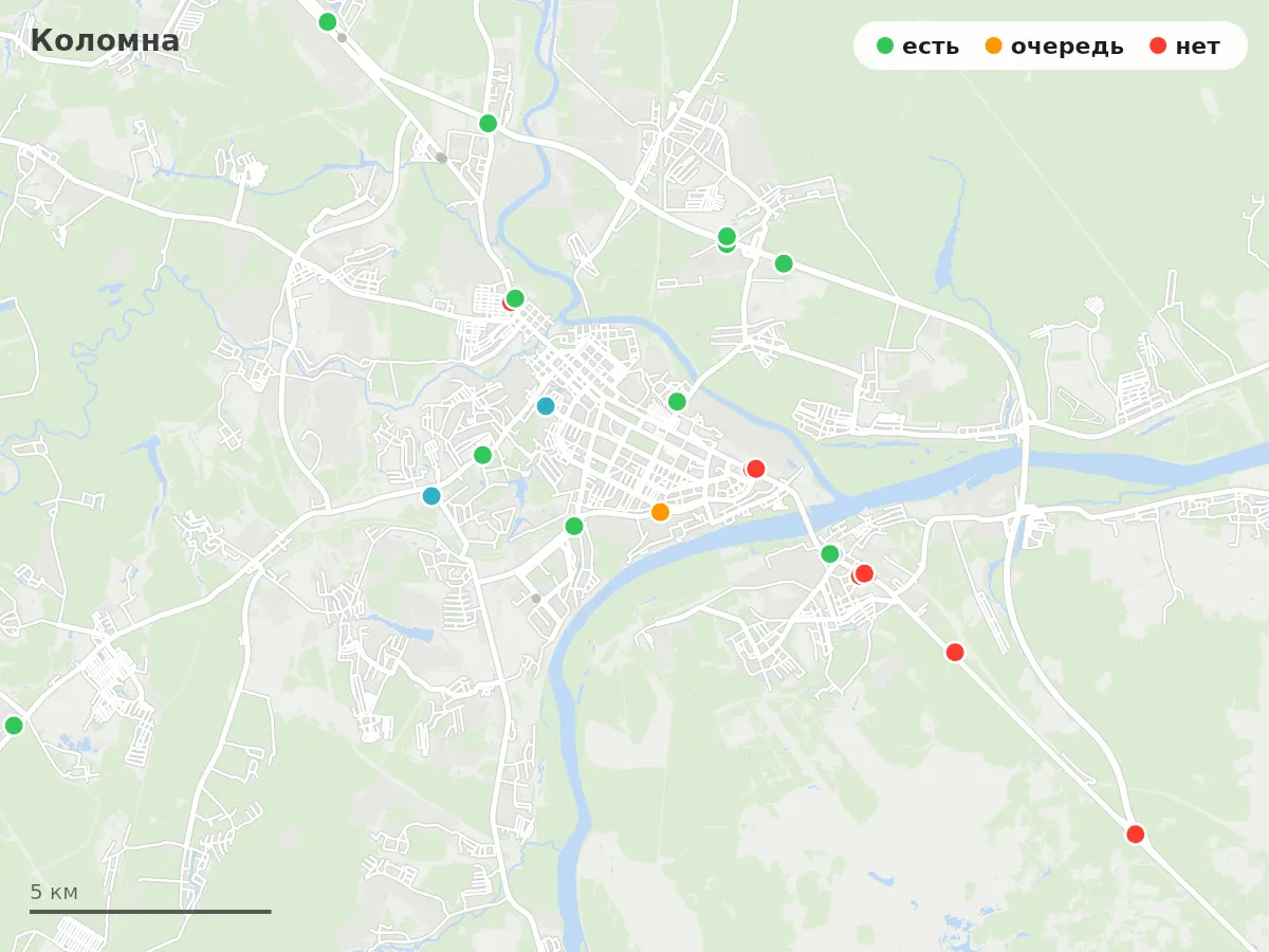 Карта заправок Коломна: зелёные — есть топливо, оранжевые — очередь, красные — нет