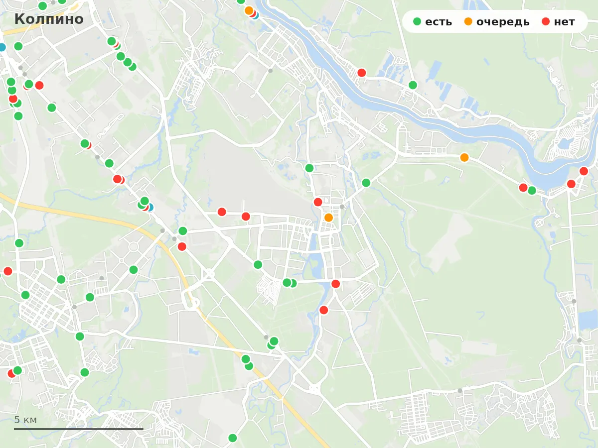 Карта заправок Колпино: зелёные — есть топливо, оранжевые — очередь, красные — нет