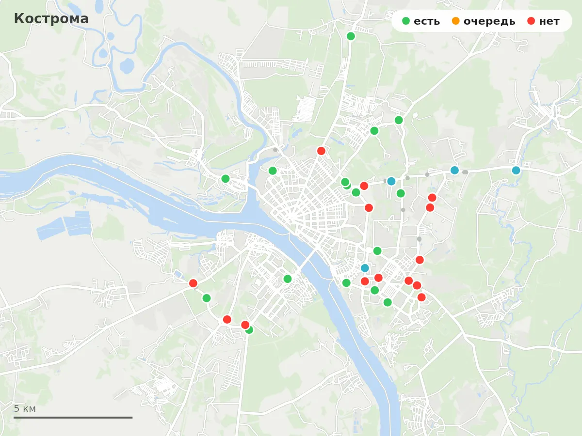 Карта заправок Кострома: зелёные — есть топливо, оранжевые — очередь, красные — нет