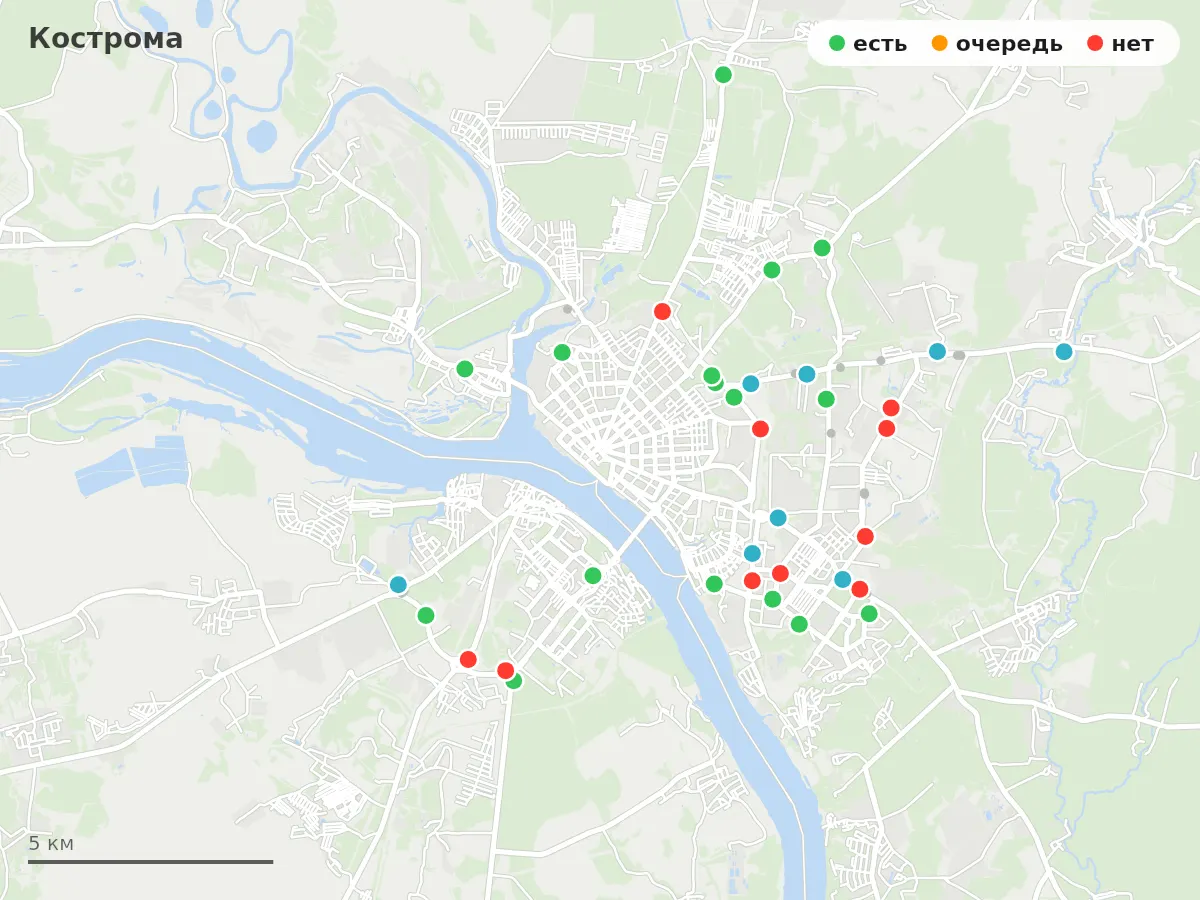 Карта заправок Кострома: зелёные — есть топливо, оранжевые — очередь, красные — нет
