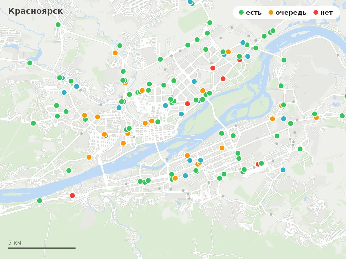 Карта заправок Красноярск: зелёные — есть топливо, оранжевые — очередь, красные — нет