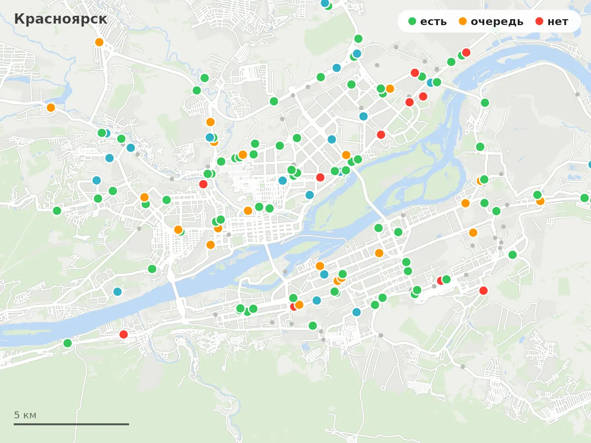 Карта заправок Красноярск: зелёные — есть топливо, оранжевые — очередь, красные — нет