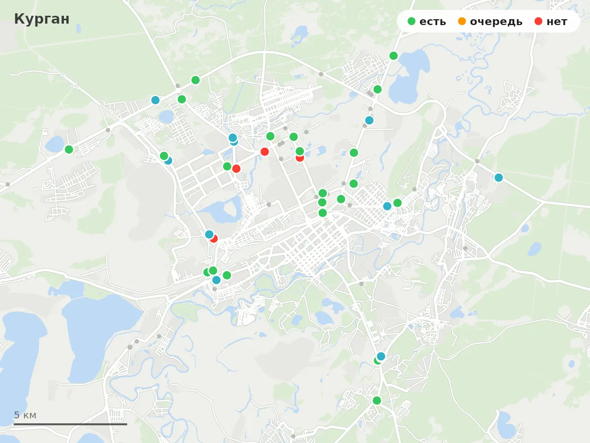 Карта заправок Курган: зелёные — есть топливо, оранжевые — очередь, красные — нет