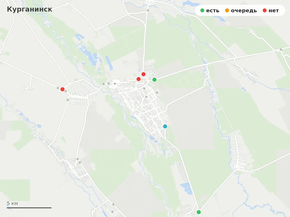 Карта заправок Курганинск: зелёные — есть топливо, оранжевые — очередь, красные — нет