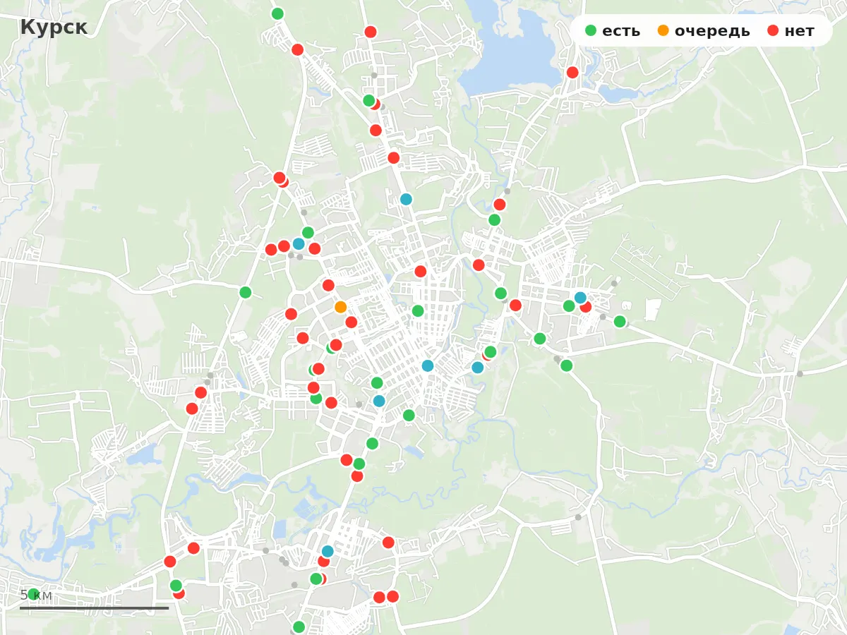 Карта заправок Курск: зелёные — есть топливо, оранжевые — очередь, красные — нет