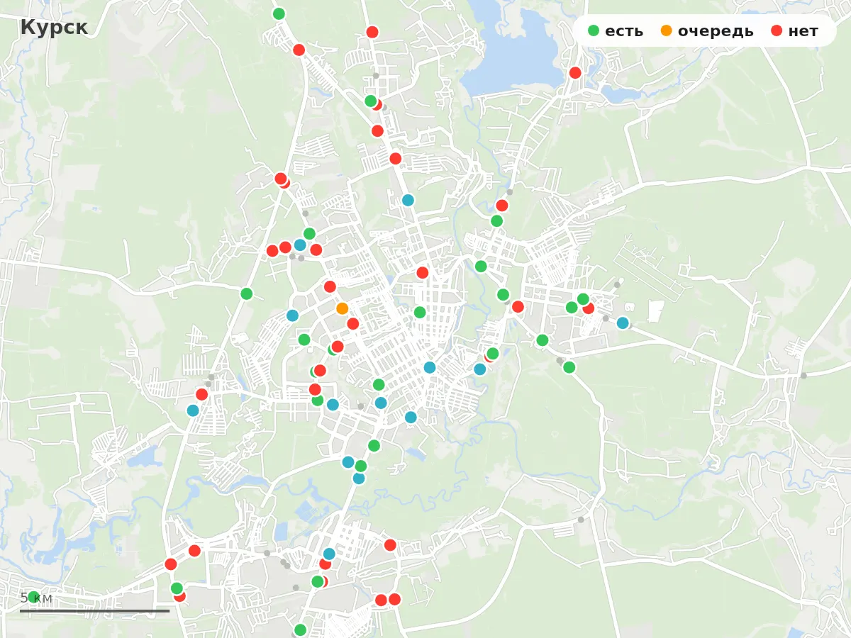 Карта заправок Курск: зелёные — есть топливо, оранжевые — очередь, красные — нет