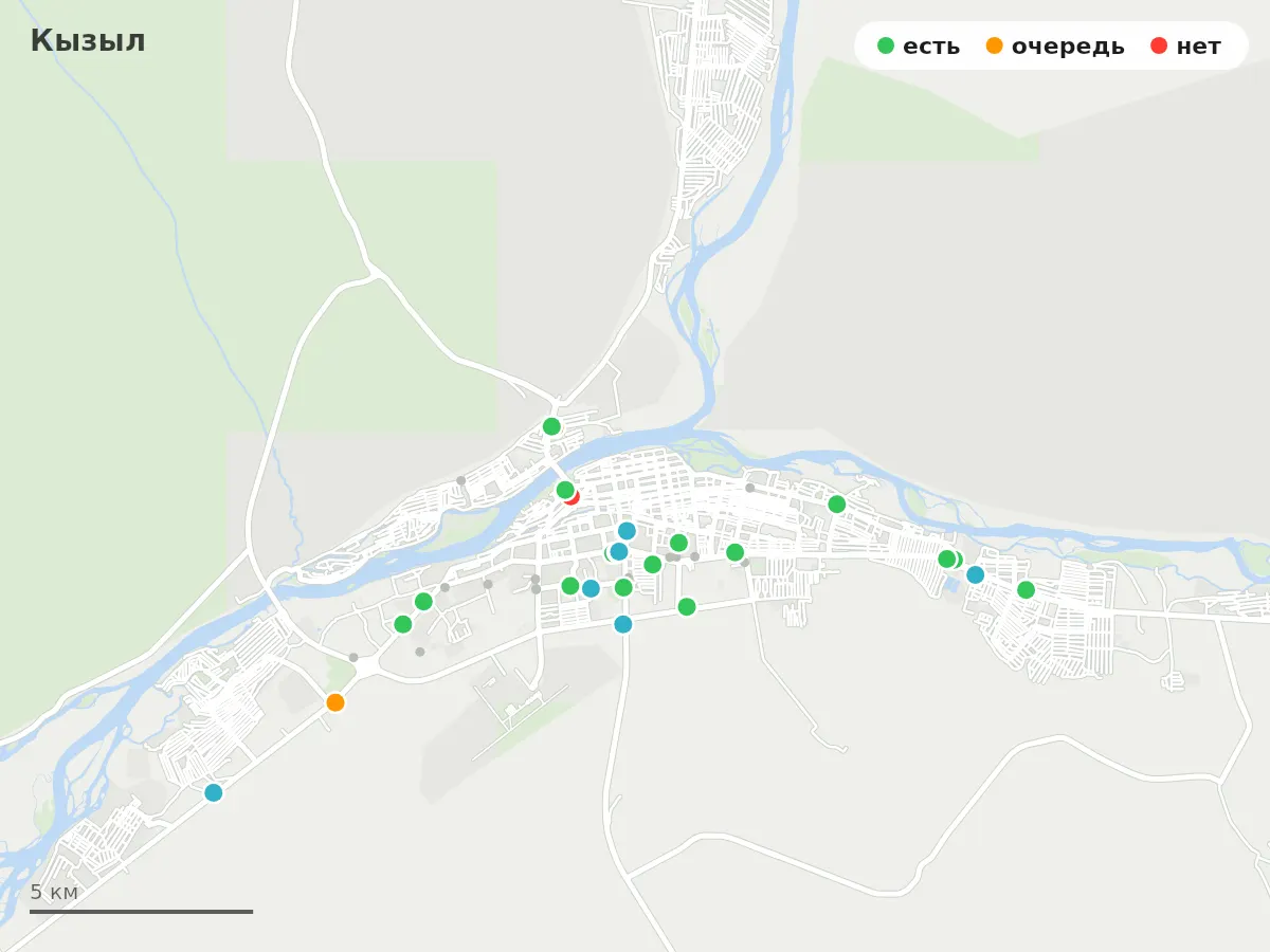 Карта заправок Кызыл: зелёные — есть топливо, оранжевые — очередь, красные — нет