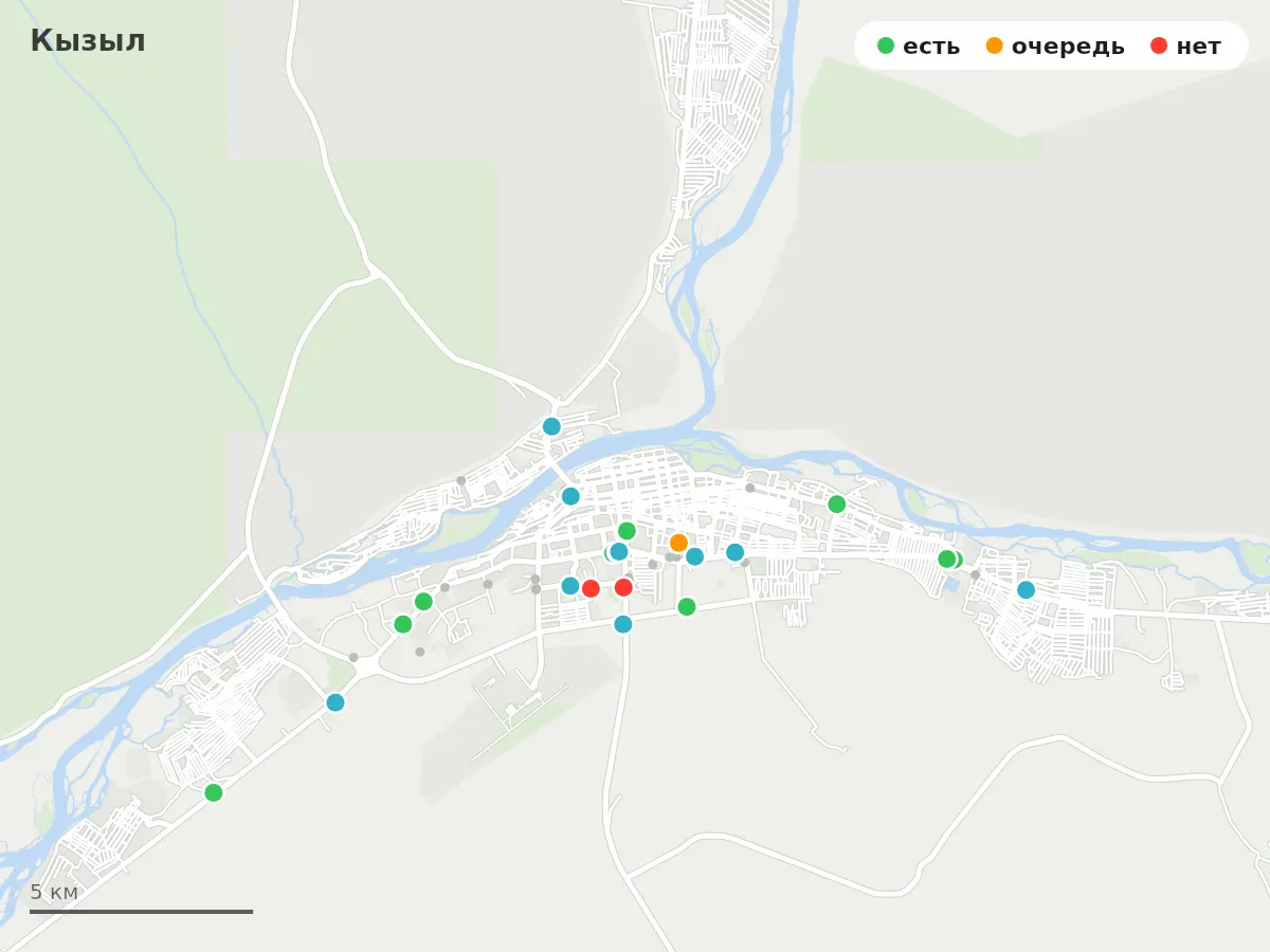 Карта заправок Кызыл: зелёные — есть топливо, оранжевые — очередь, красные — нет