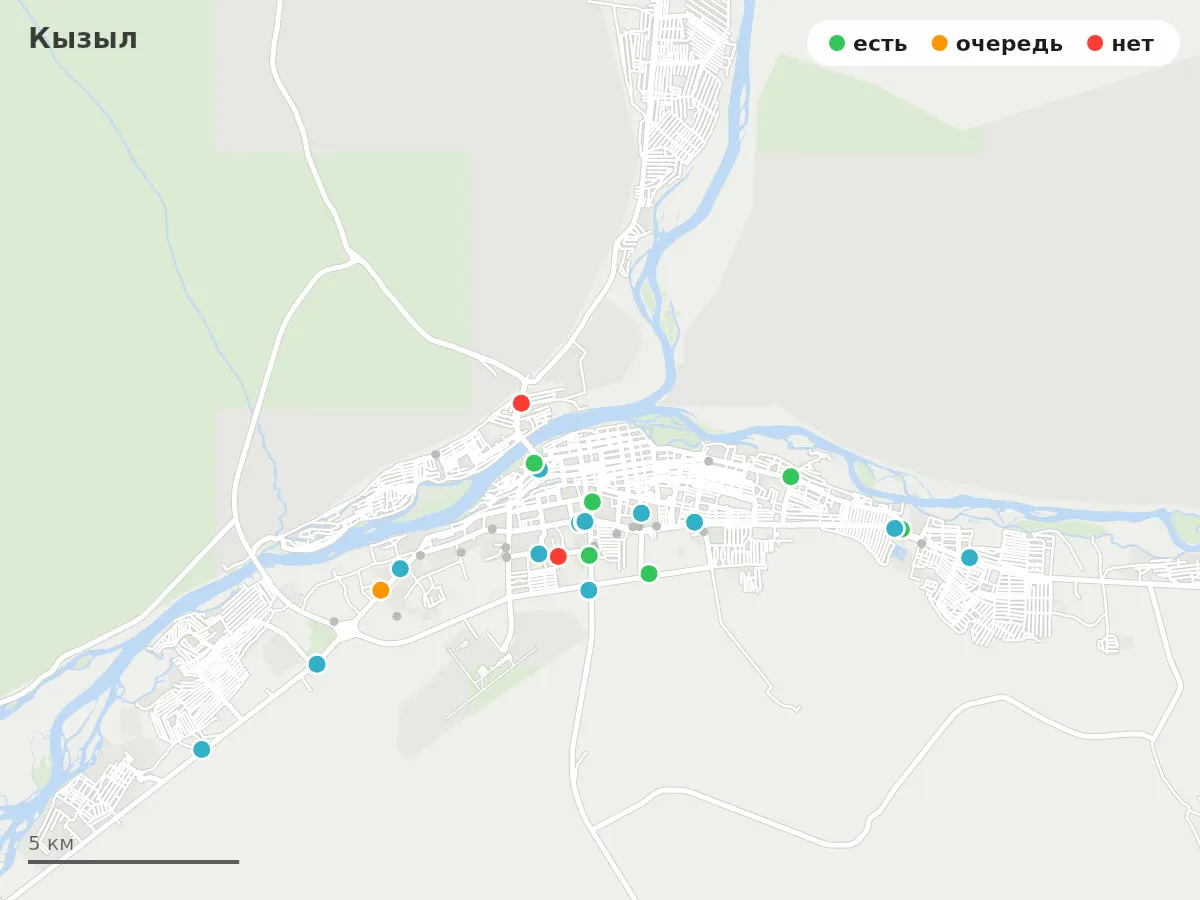 Карта заправок Кызыл: зелёные — есть топливо, оранжевые — очередь, красные — нет