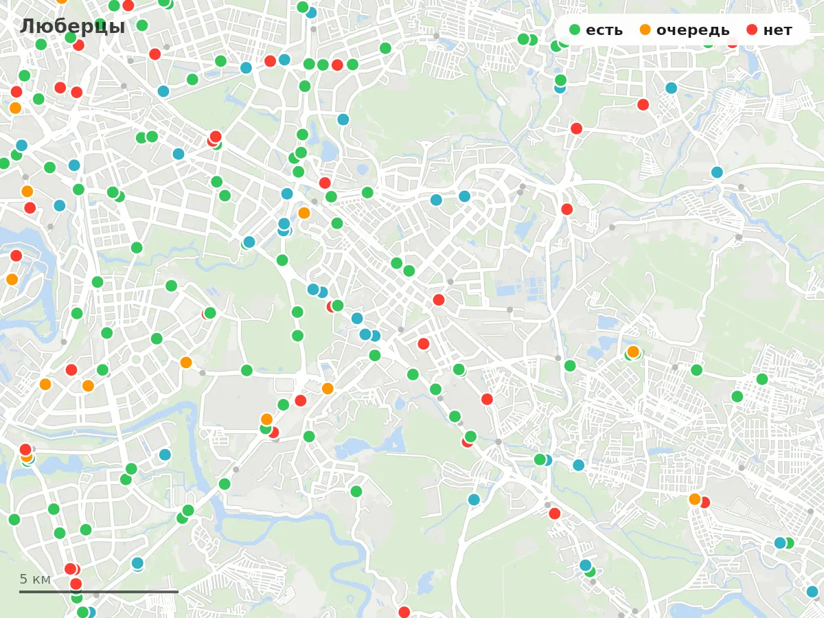 Карта заправок Люберцы: зелёные — есть топливо, оранжевые — очередь, красные — нет