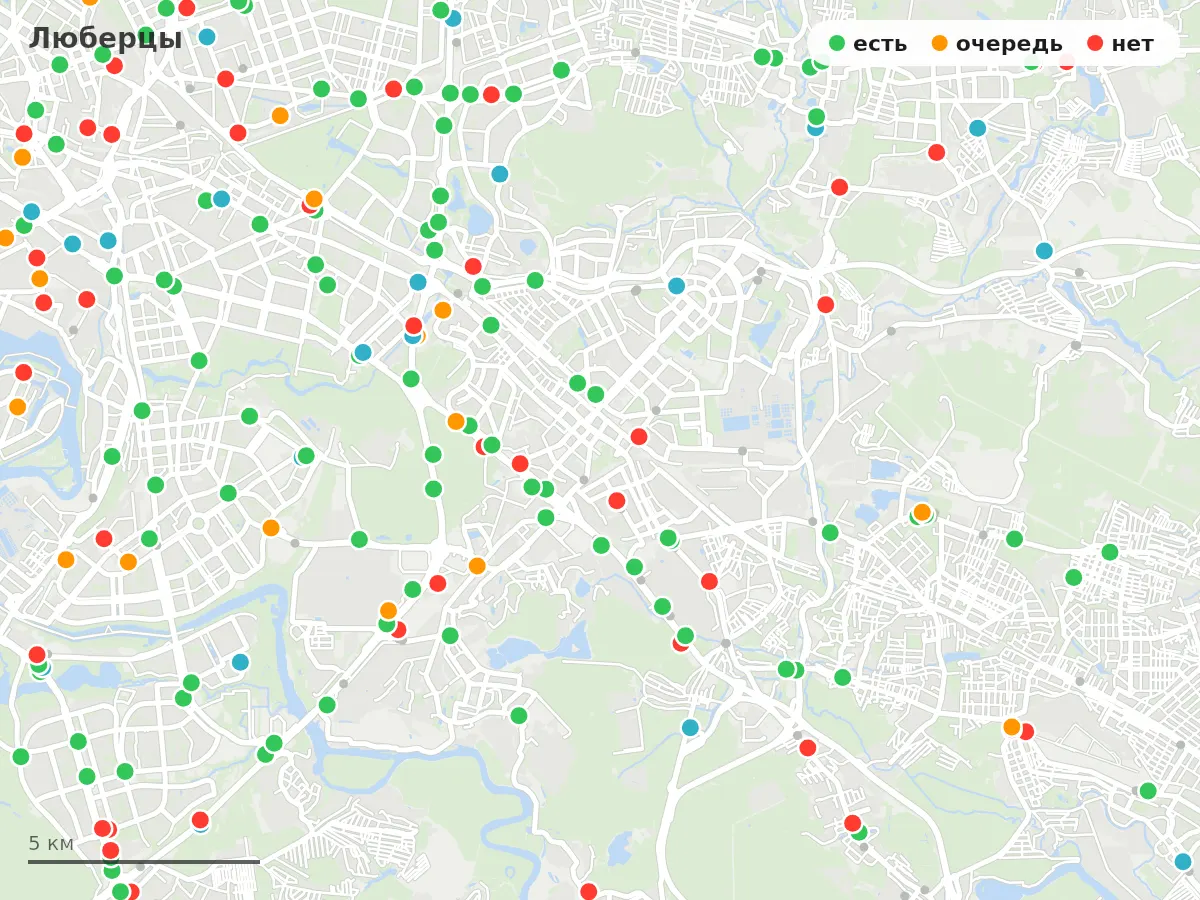 Карта заправок Люберцы: зелёные — есть топливо, оранжевые — очередь, красные — нет