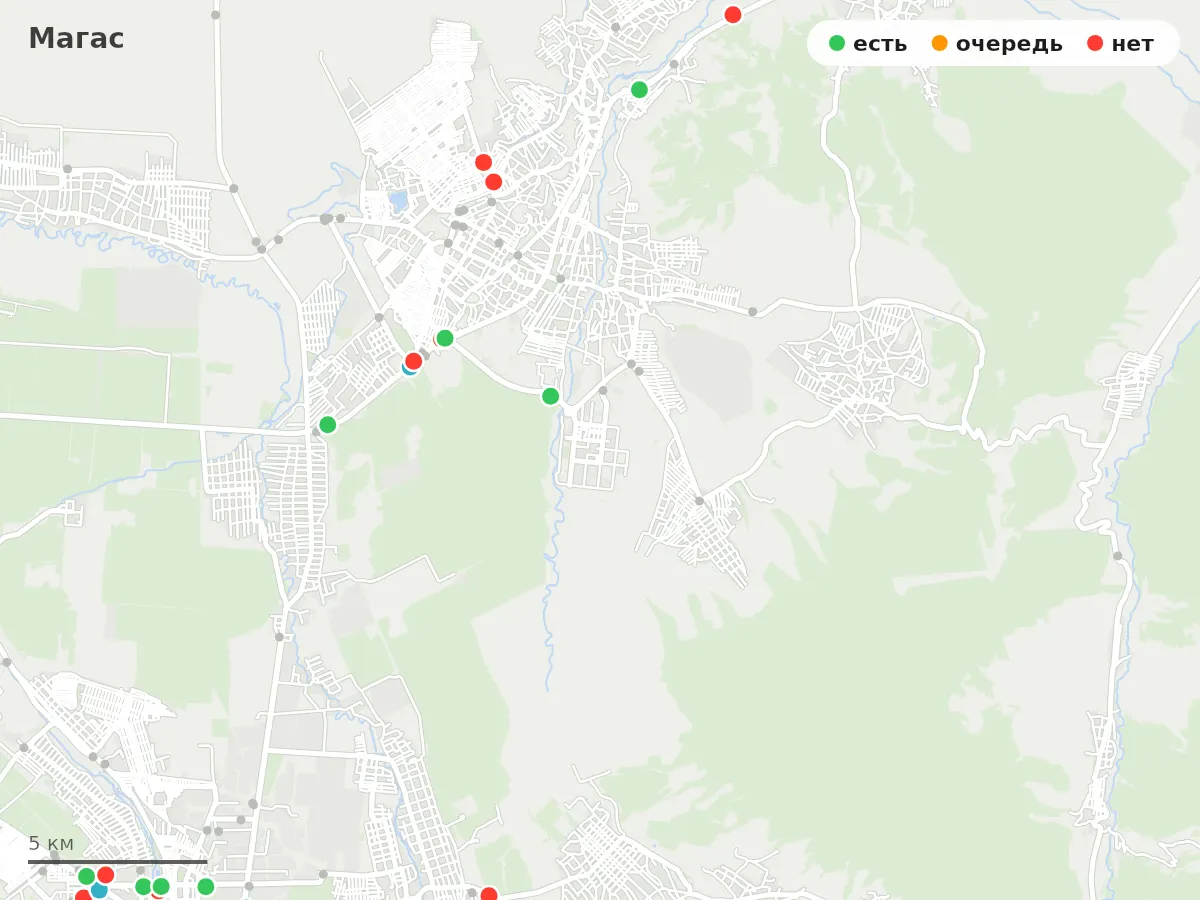 Карта заправок Магас: зелёные — есть топливо, оранжевые — очередь, красные — нет