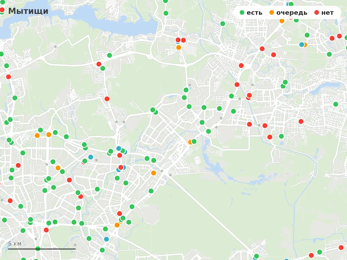 Карта заправок Мытищи: зелёные — есть топливо, оранжевые — очередь, красные — нет