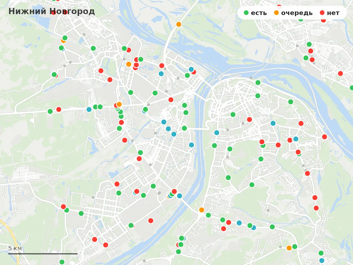 Карта заправок Нижний Новгород: зелёные — есть топливо, оранжевые — очередь, красные — нет