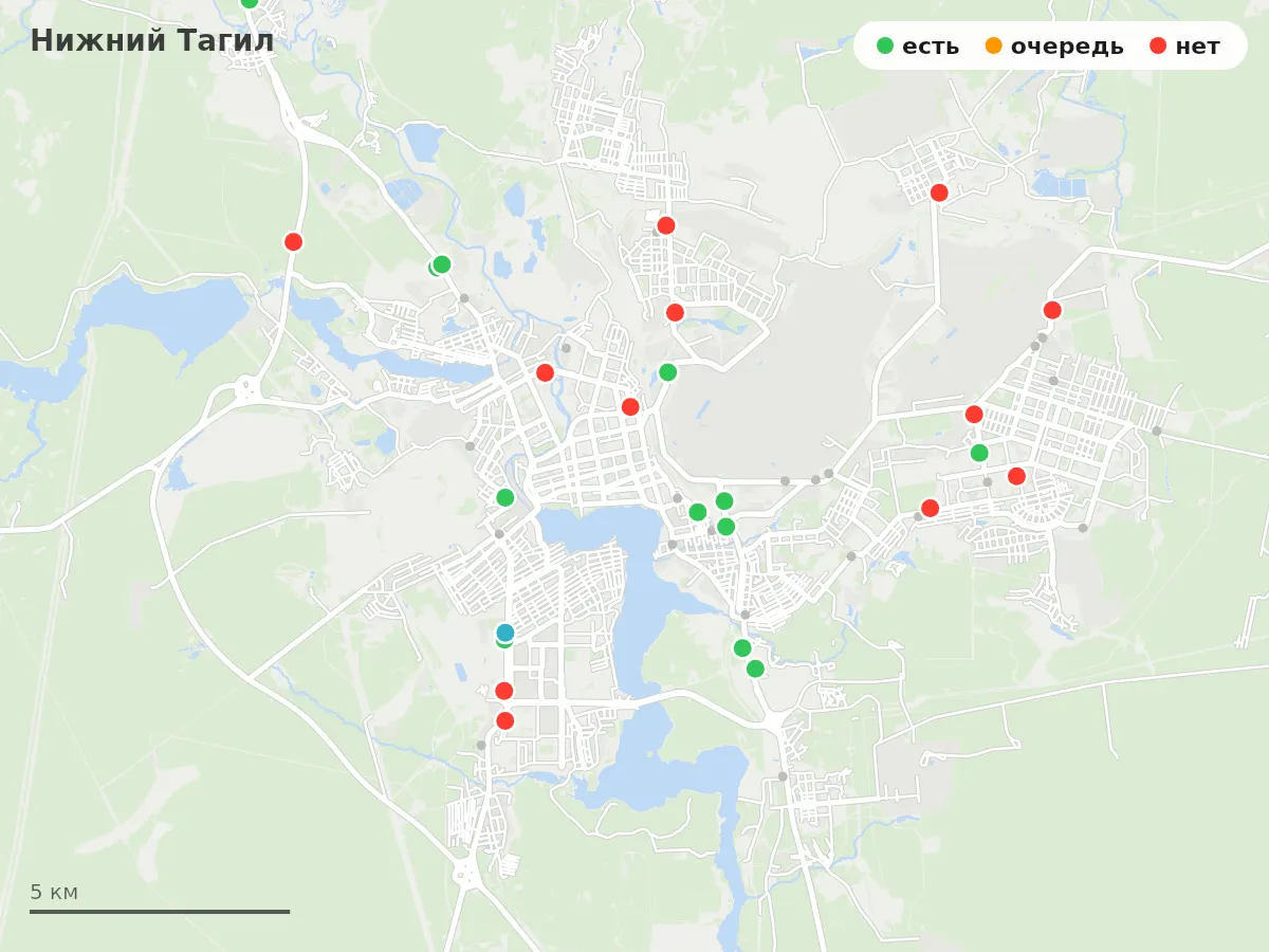 Карта заправок Нижний Тагил: зелёные — есть топливо, оранжевые — очередь, красные — нет
