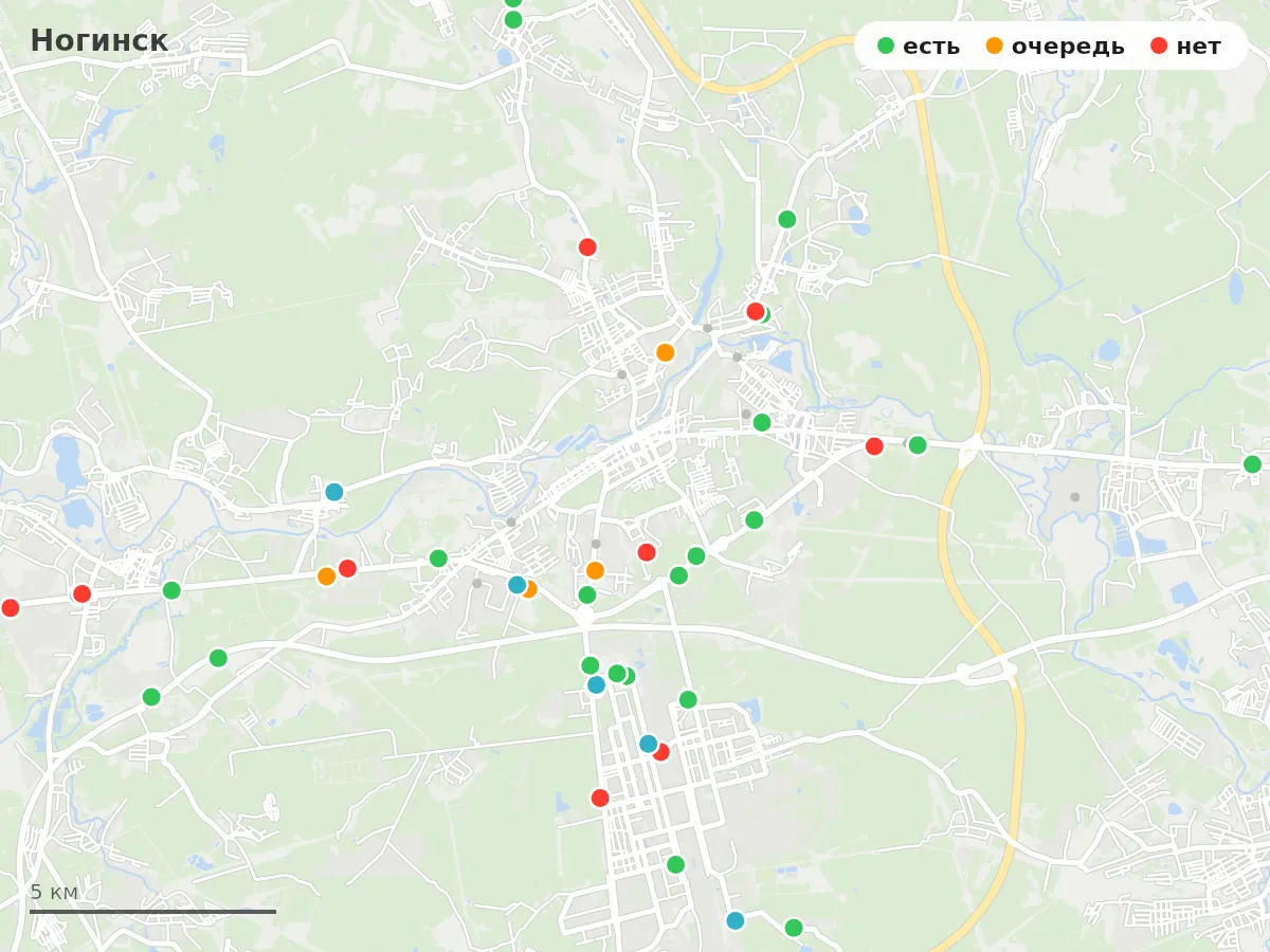 Карта заправок Ногинск: зелёные — есть топливо, оранжевые — очередь, красные — нет