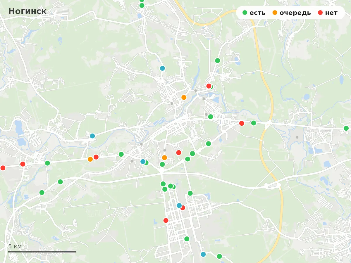 Карта заправок Ногинск: зелёные — есть топливо, оранжевые — очередь, красные — нет