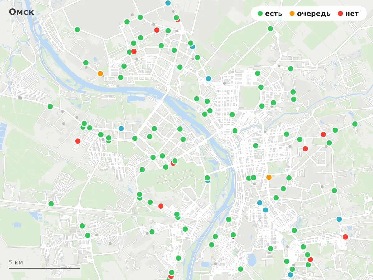 Карта заправок Омск: зелёные — есть топливо, оранжевые — очередь, красные — нет