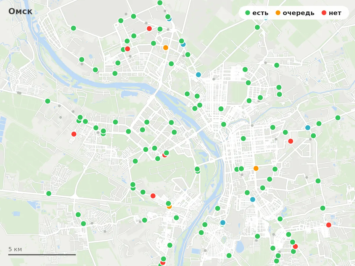 Карта заправок Омск: зелёные — есть топливо, оранжевые — очередь, красные — нет